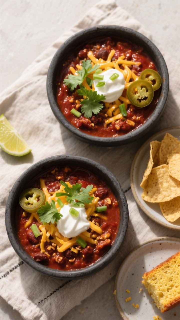 Tasty top view: Overhead shot of finished chili ladled into matte charcoal bowls, topped with melted