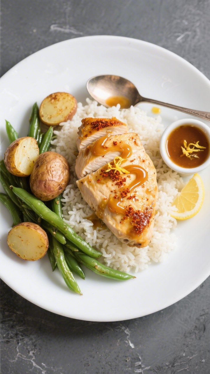 Tasty top view: Overhead shot of Honey-Dijon chicken breast over fluffy microwaveable rice with roas