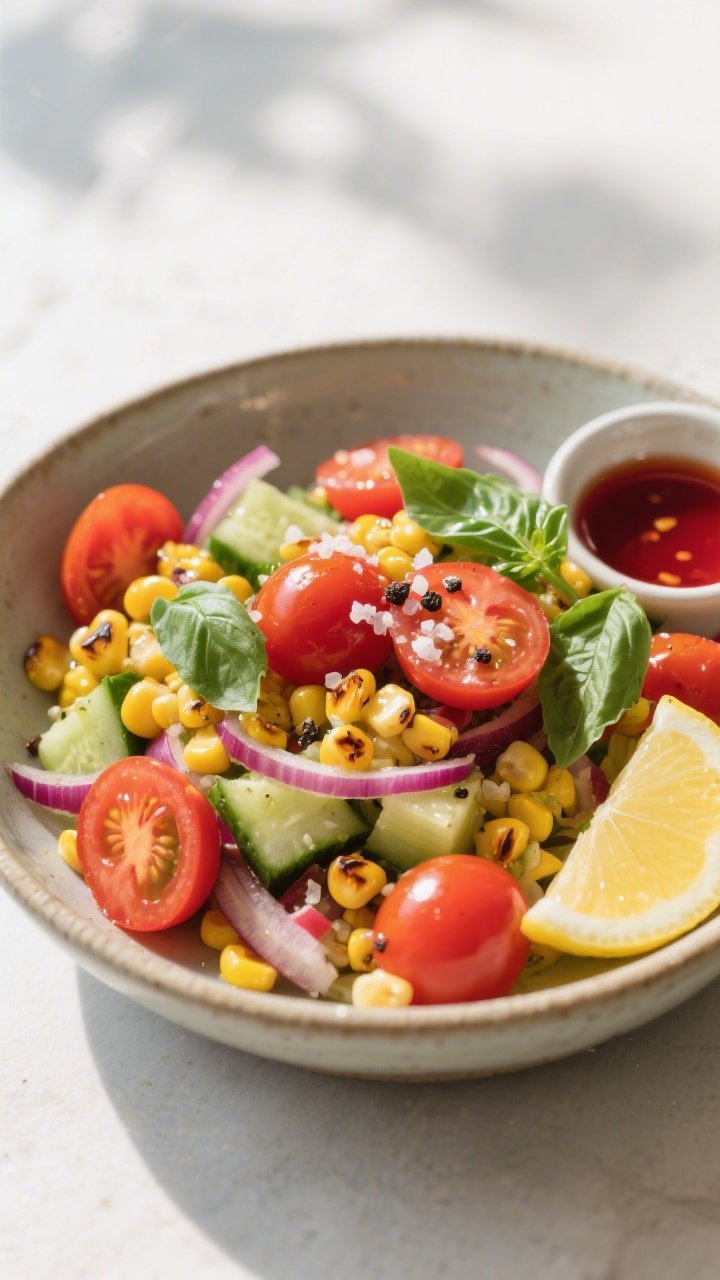 Tasty top view – Tomato-corn salad showcase: Overhead shot of a vibrant tomato and corn salad in a