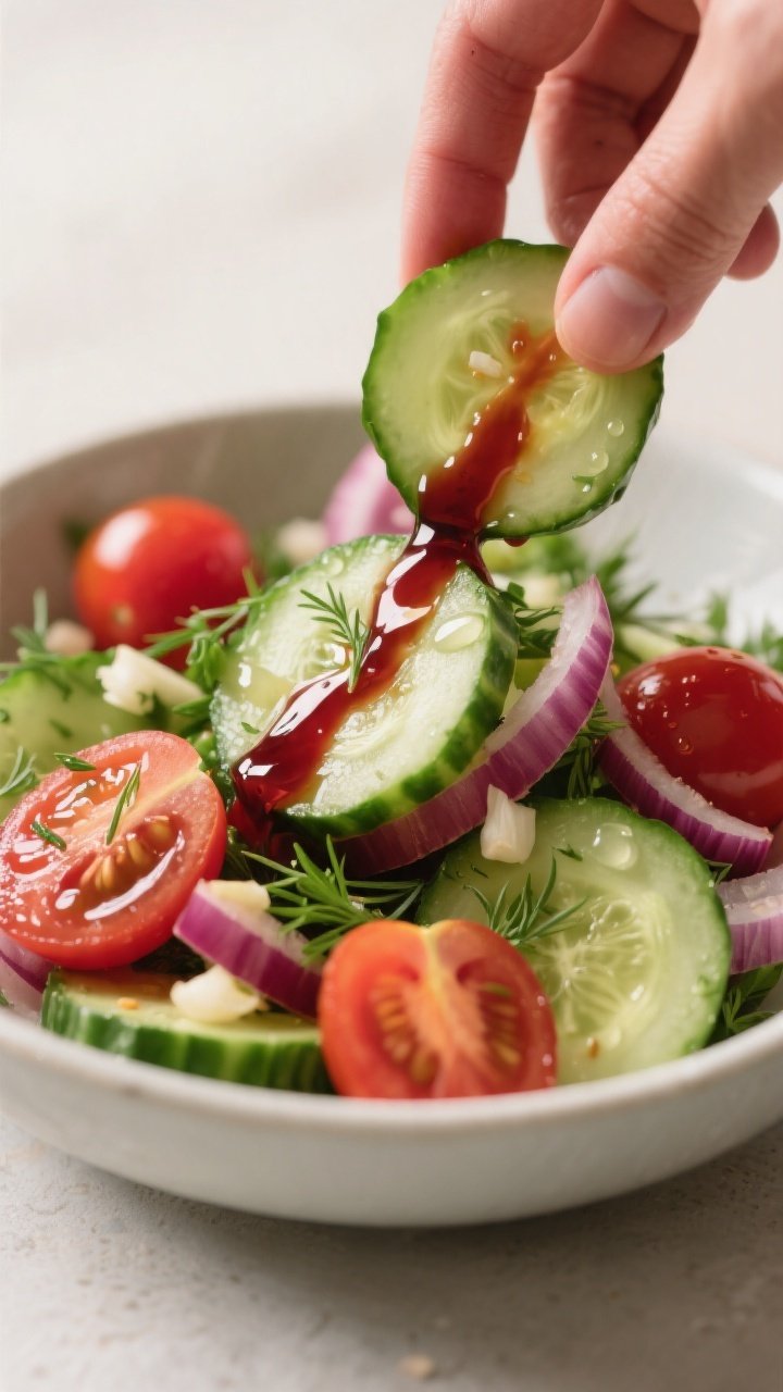 Close-up detail: A bowl of prepared cucumber and tomato salad being gently tossed with glossy red wi