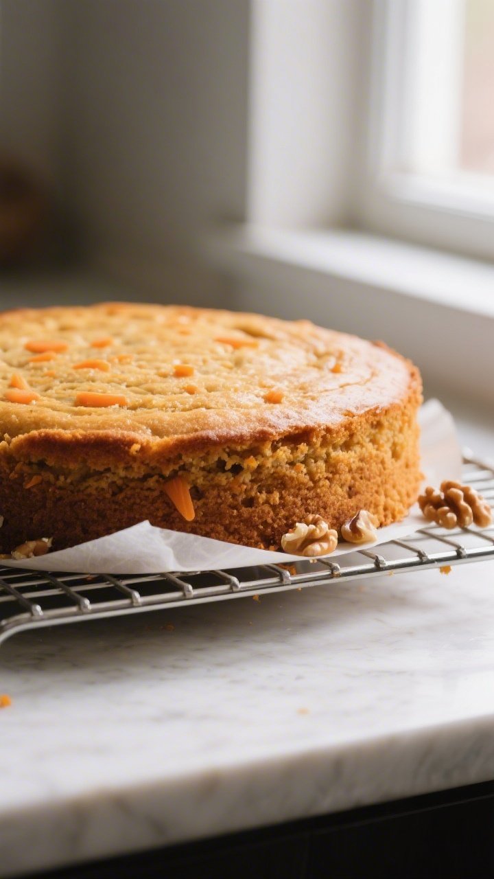 Close-up detail: A freshly baked carrot cake layer cooling on a wire rack, golden-brown crust with a