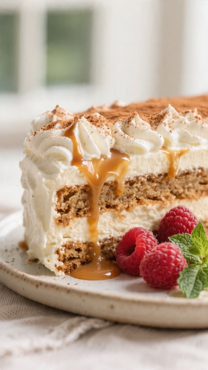 Close-up detail: A glossy slice of Cinnamon-Vanilla Tres Leches Icebox Cake just cut, showing distin