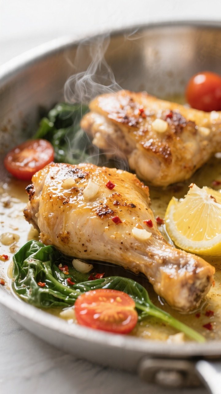 Close-up detail: Golden pan-seared chicken thighs in a stainless steel skillet, glistening with a gl