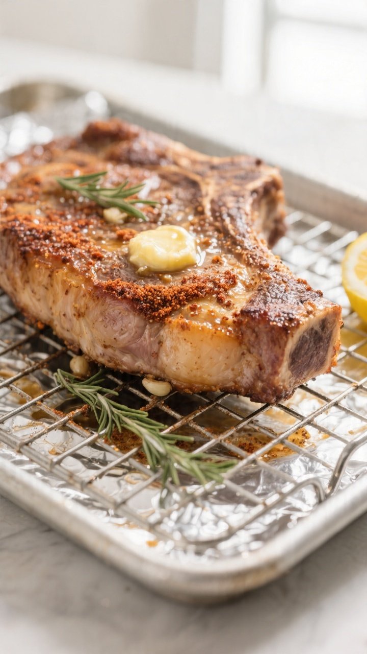 Close-up detail: Juicy baked bone-in pork chop fresh from the oven on a wire rack over a foil-lined 