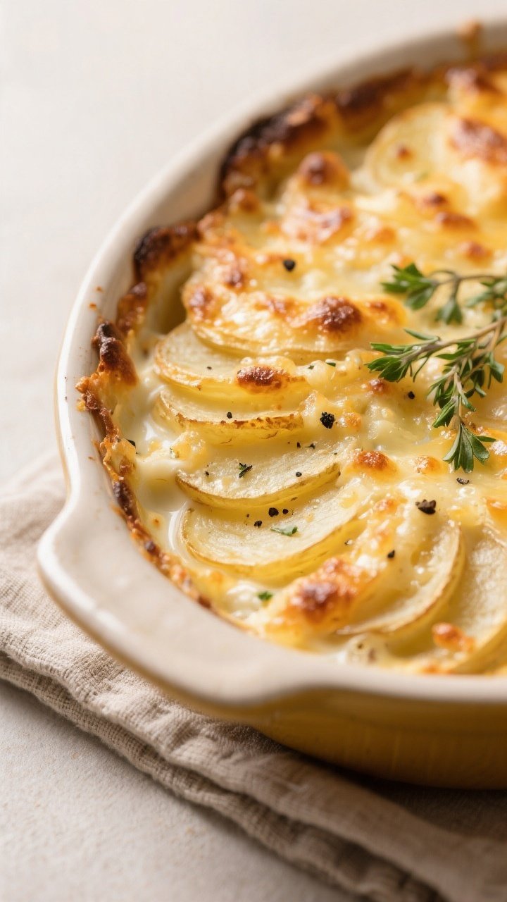Close-up detail shot of scalloped potatoes just out of the oven, showing bubbling cream around the e