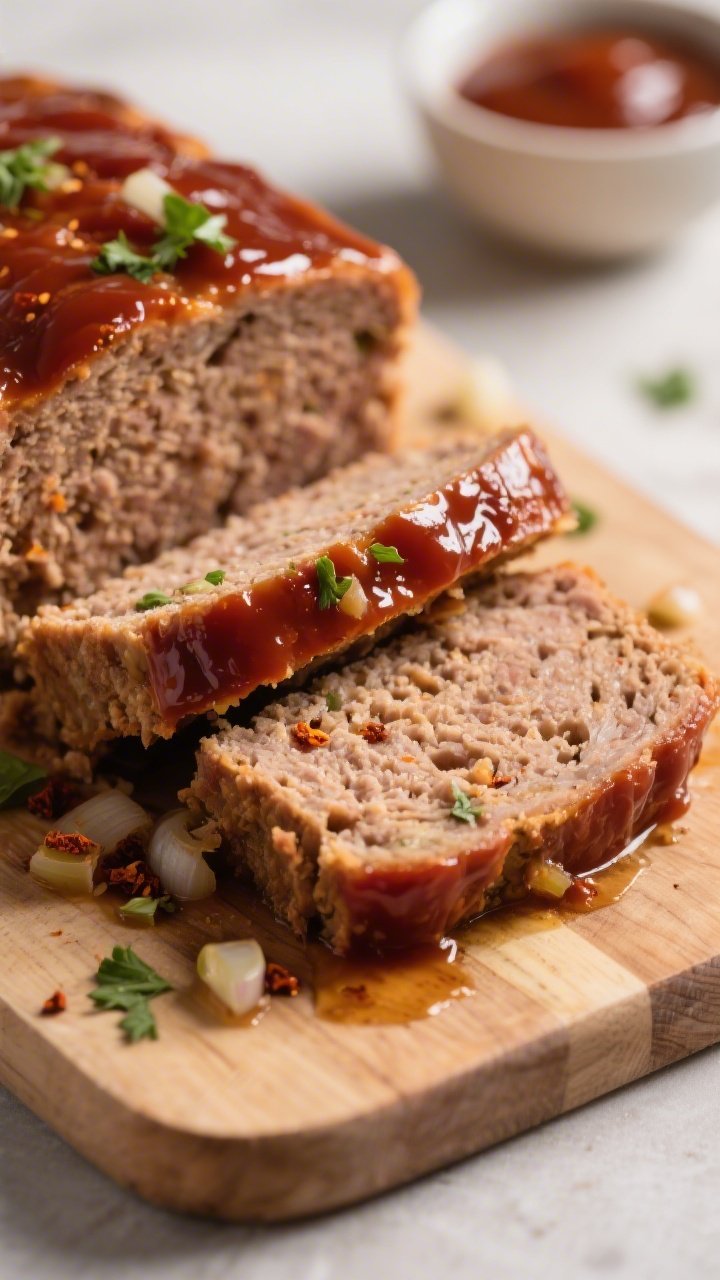 Close-up detail: Sliced classic meatloaf on a cutting board, showing a moist, tender crumb from the 