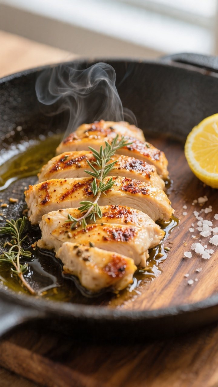 Close-up detail: Sliced lemon-oregano chicken just off the skillet, glistening with olive oil and pa