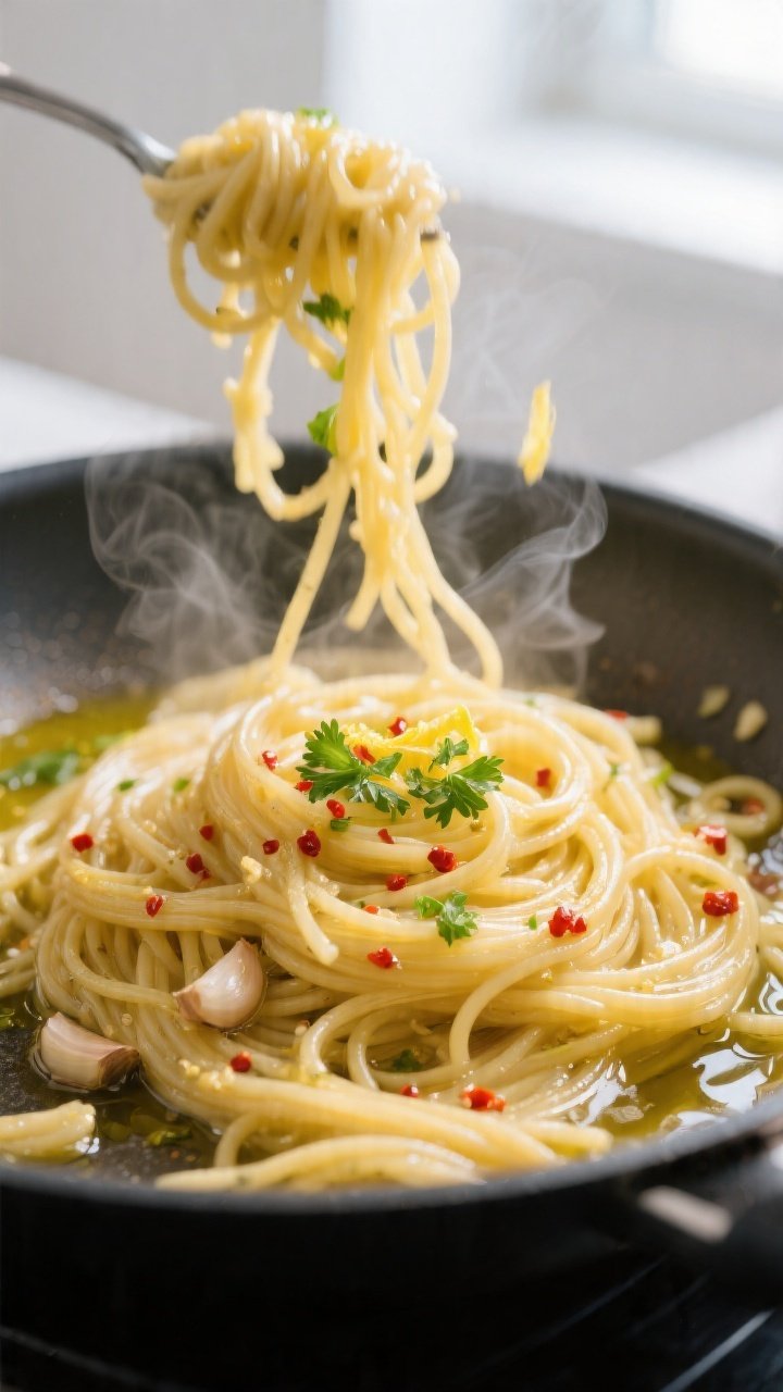 Cooking process, close-up detail: Glossy aglio e olio spaghetti being tossed in a wide skillet with