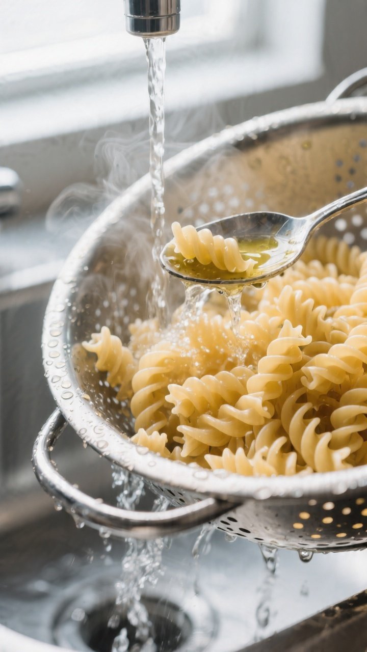 Cooking process close-up: Just-drained rotini pasta being rinsed under cold water in a colander, ste