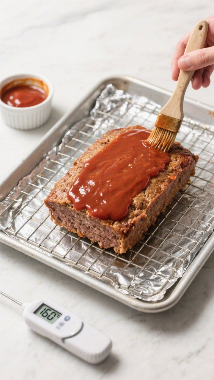 Cooking process: Overhead shot of a free-form meatloaf on a wire rack over a foil-lined sheet pan mi