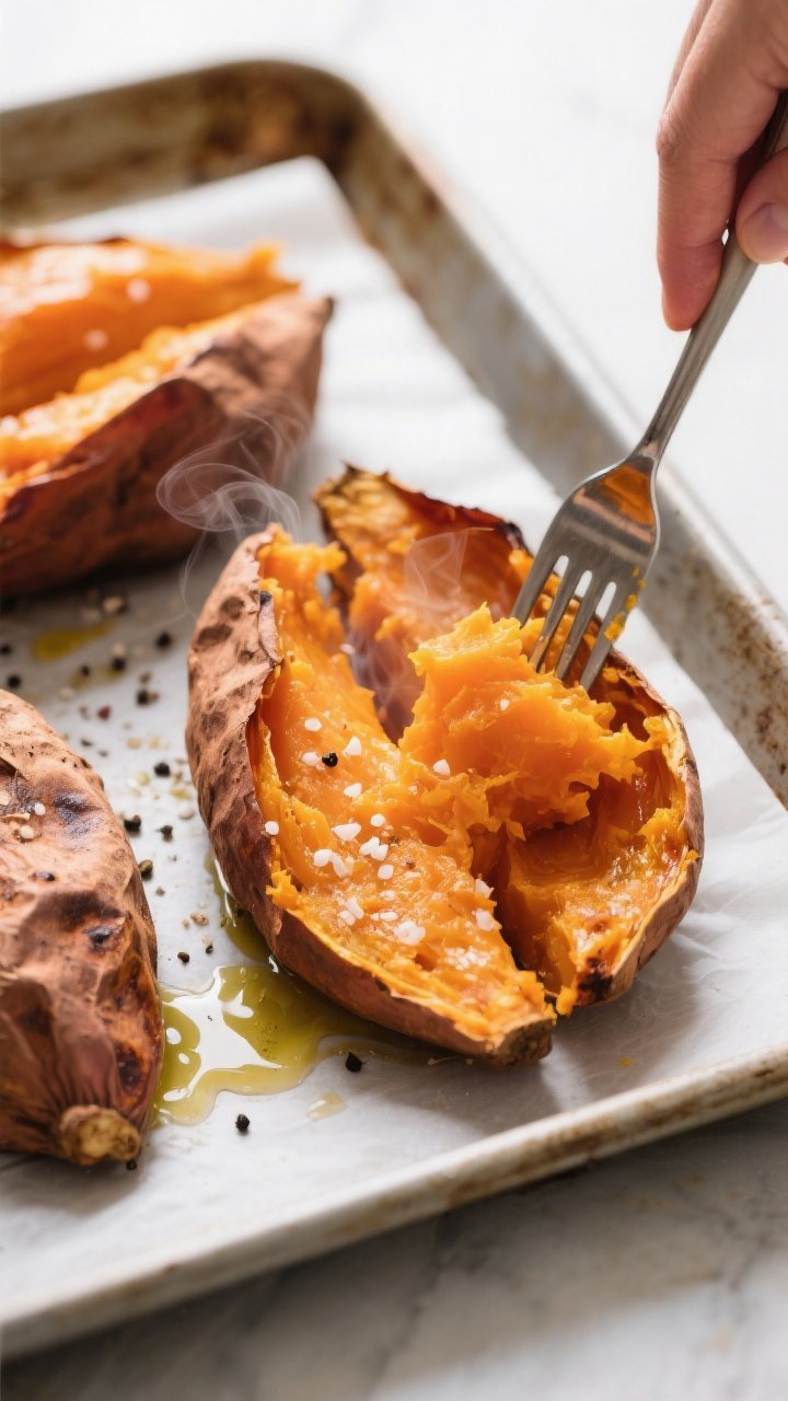 Cooking process: Split-and-fluff moment of freshly baked sweet potatoes on a parchment-lined sheet p