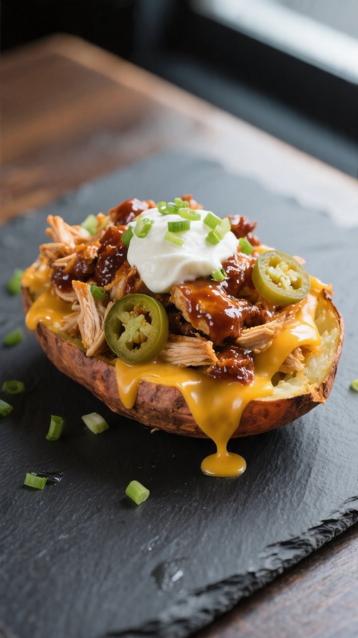 Final dish presentation: BBQ chicken loaded sweet potato, restaurant-quality plating on a charcoal s