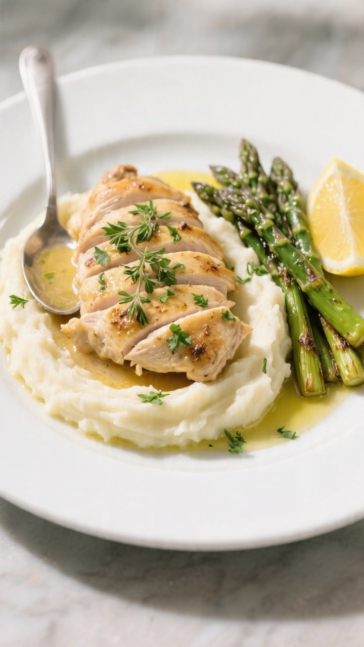 Final dish presentation: Lemon Herb Chicken plated over creamy mashed potatoes on a wide white rimme
