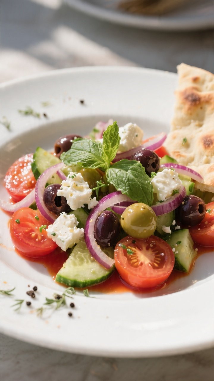 Final dish presentation: No-cook Greek salad plated elegantly—halved cherry tomatoes, cucumber rib