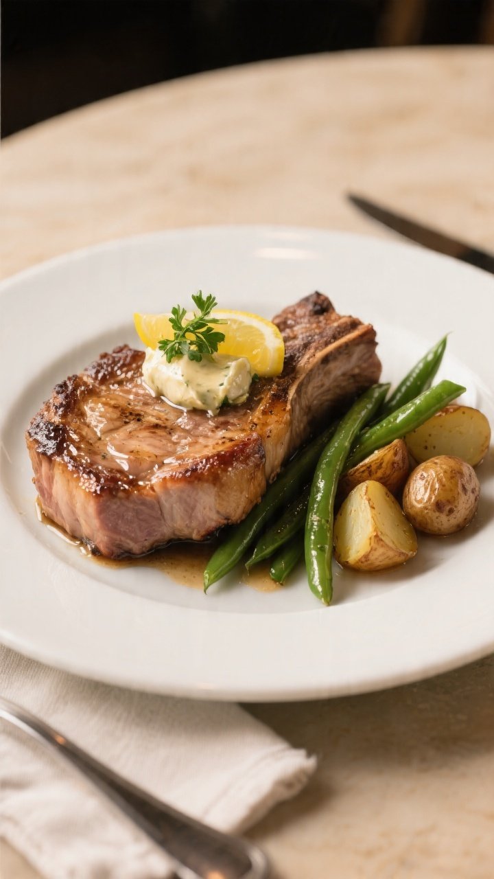 Final dish presentation: Restaurant-quality plated pork chop on a matte white dinner plate, glossy f