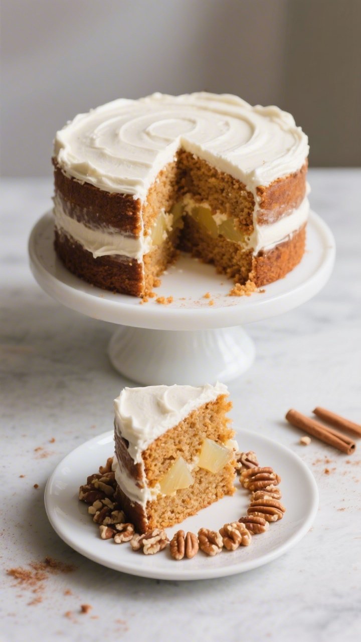 Final dish presentation: Two-tier 8-inch round carrot cake on a simple white cake stand, sides smoot