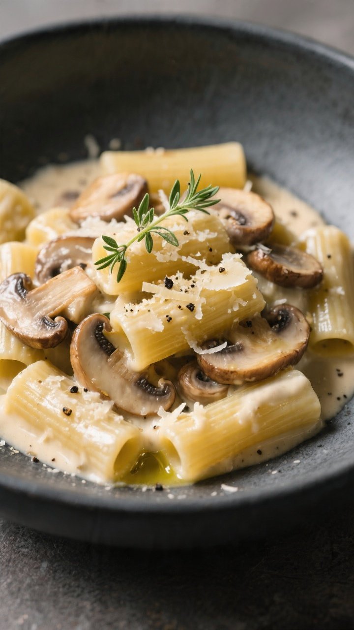 Final dish, restaurant-quality plating: Creamy mushroom pasta (rigatoni) coated in a velvety Parmesa