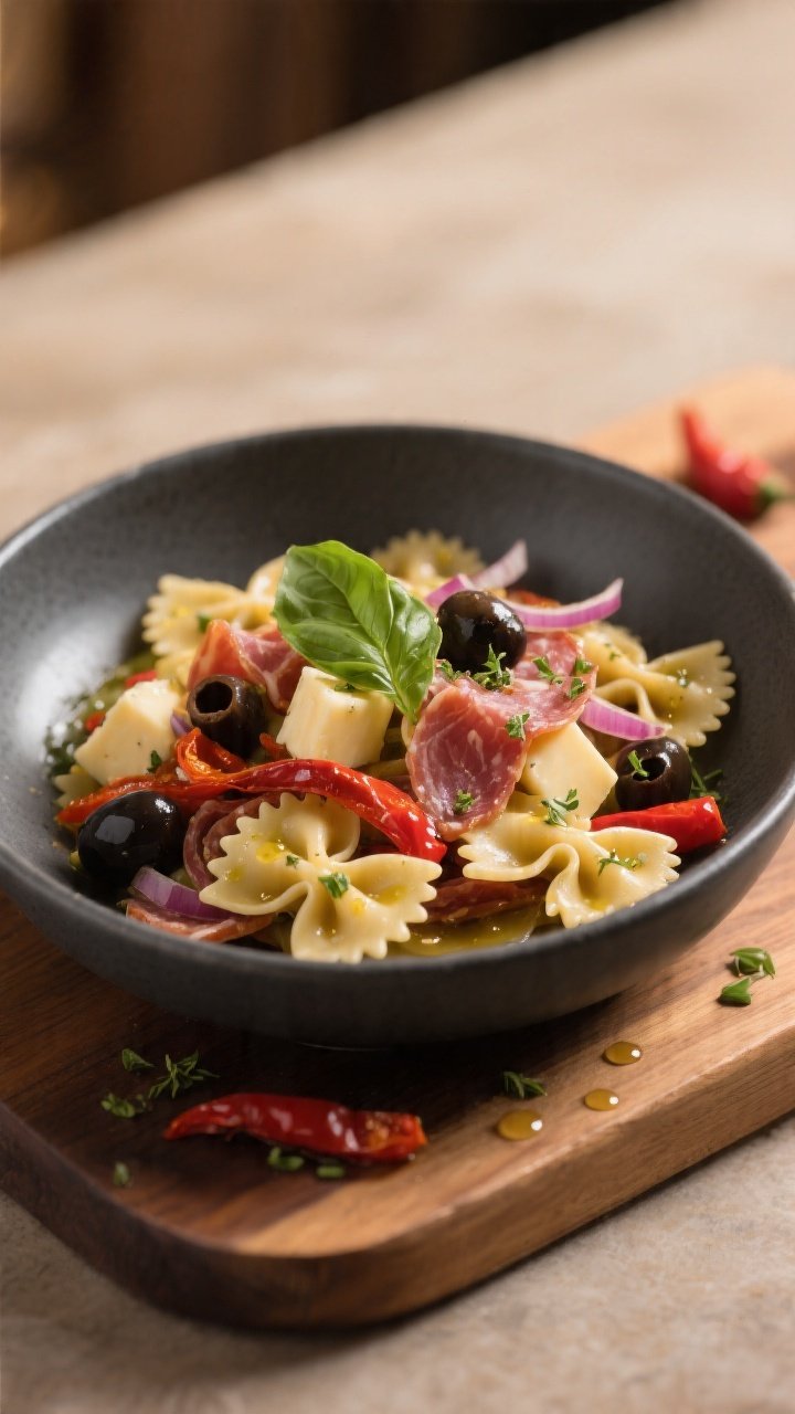 Final plated beauty: Italian deli variation plated individually—bowtie pasta folded with salami ri