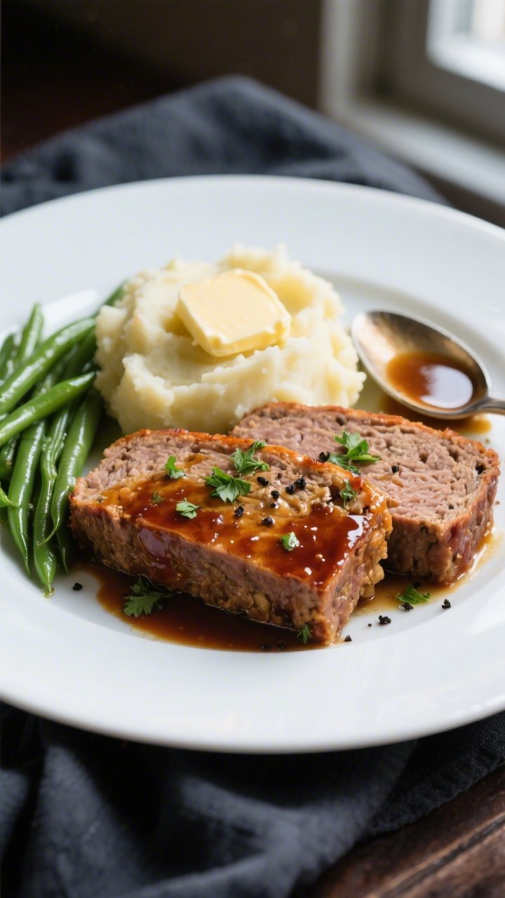 Final plated dish: Restaurant-quality presentation of two thick slices of meatloaf with a lacquered,