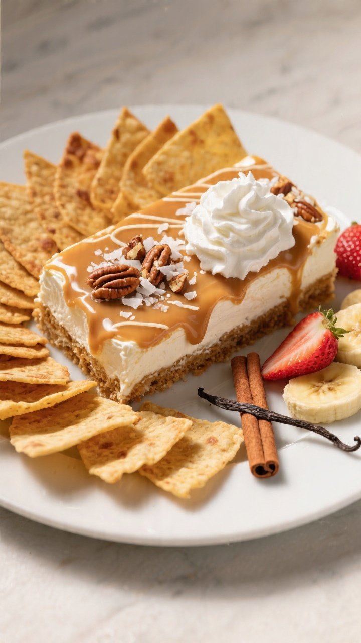 Final presentation platter: Stovetop cinnamon tortilla crisps baked to golden, arranged fan-style ar