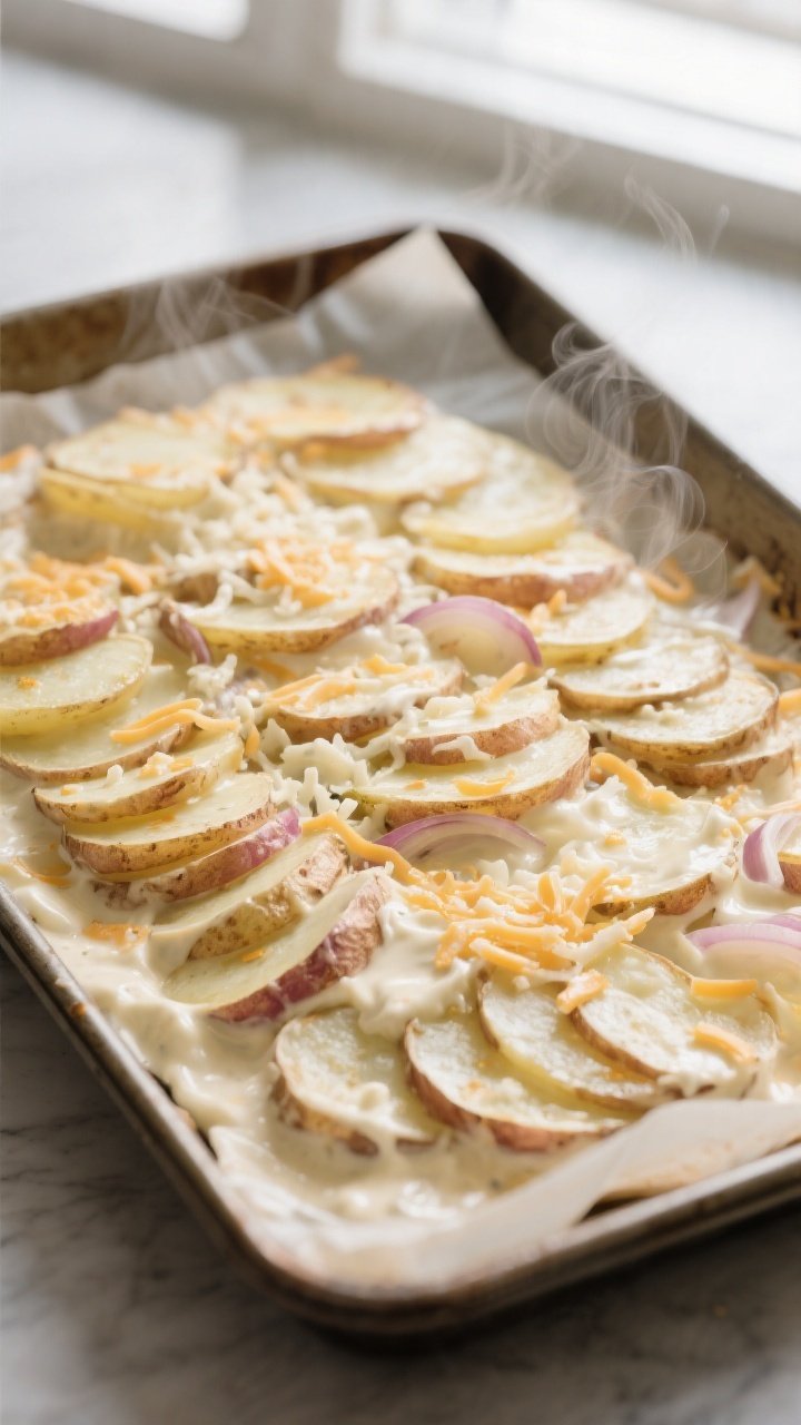 Overhead “in-pan” process shot of the assembled dish right after uncovering for the final bake: 