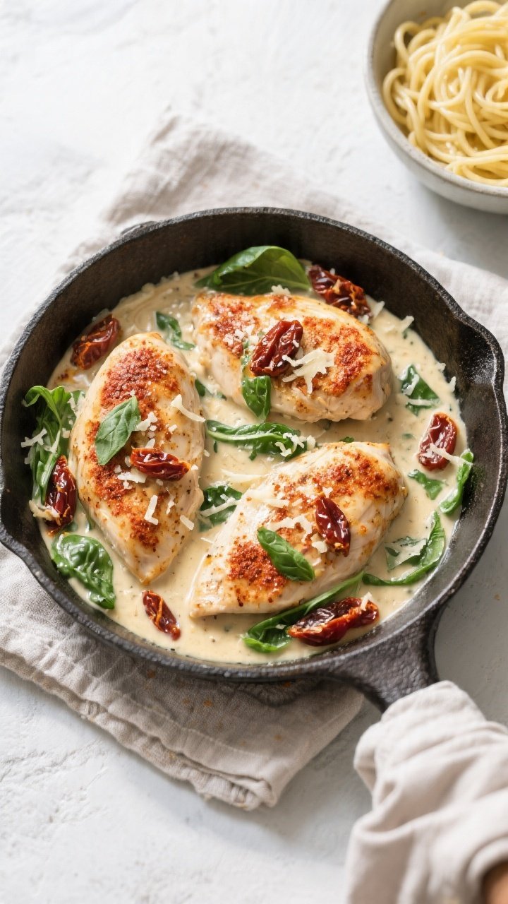 Overhead tasty top view: Creamy Tuscan-style chicken breasts in a cast-iron skillet, top-down compos
