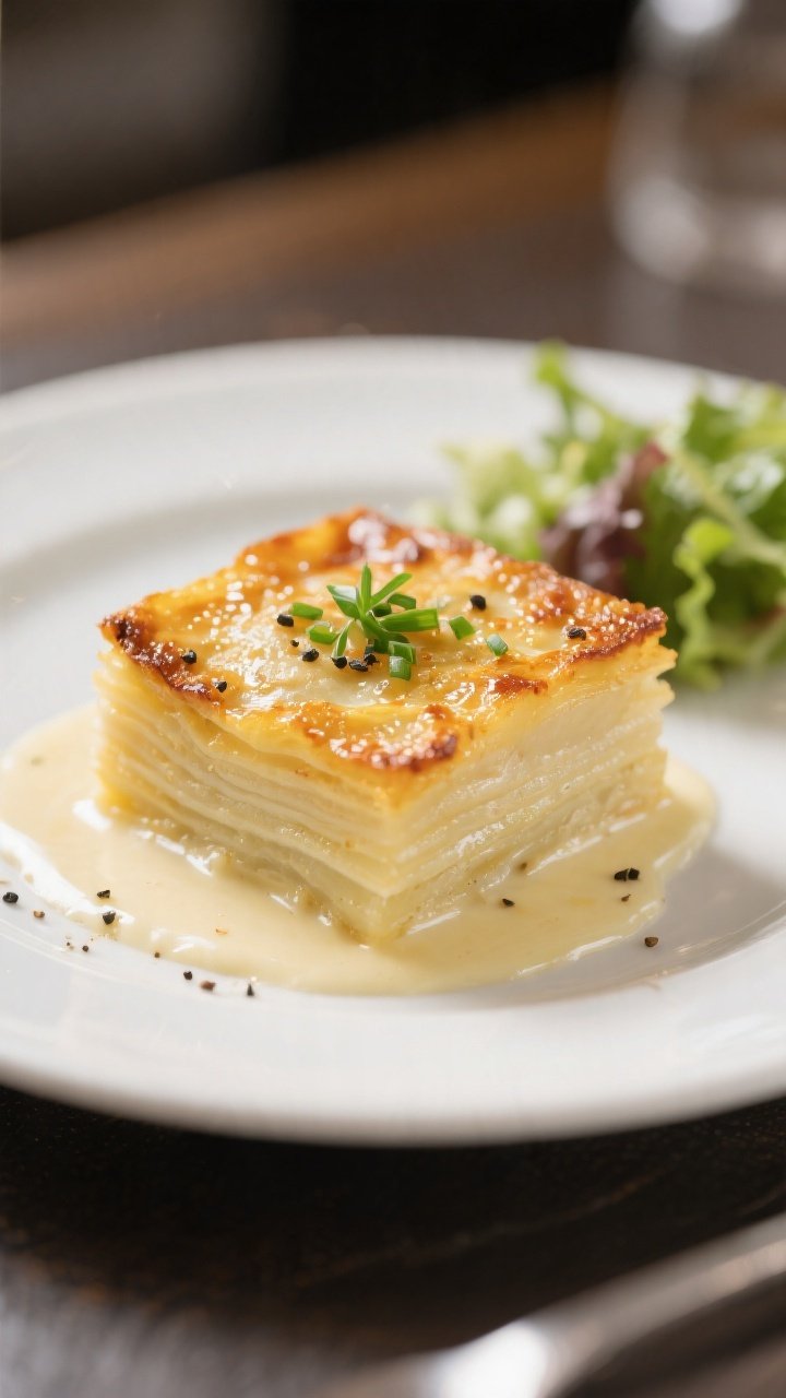Restaurant-style final plating: a tidy square slice of scalloped potatoes served on a matte white pl