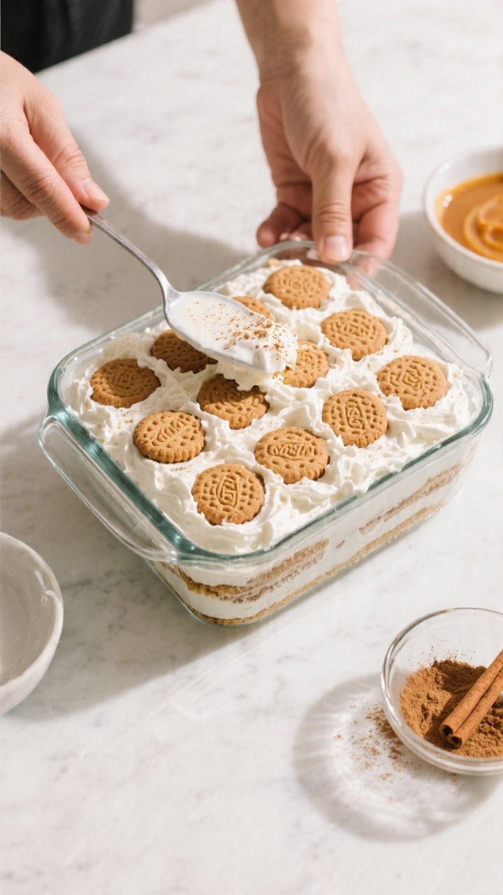 Tasty top view (overhead process): Overhead shot of the icebox cake assembly in an 8x8 glass dish mi