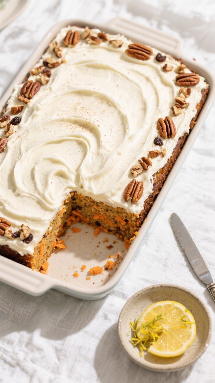 Tasty top view: Overhead shot of a 9x13 carrot cake generously frosted with tangy cream cheese frost