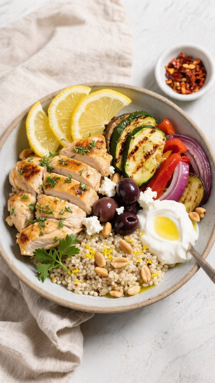 Tasty top view: Overhead shot of a Mediterranean grain bowl layered with fluffy quinoa tossed in lem