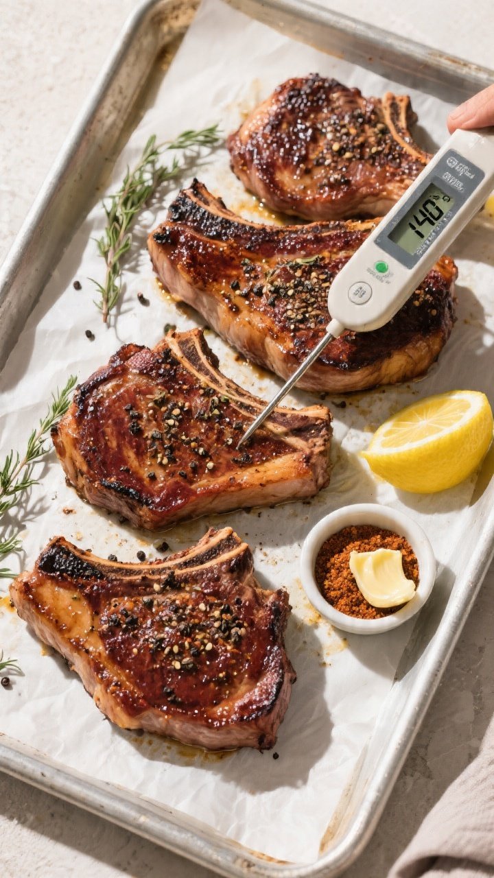 Tasty top view: Overhead shot of four seasoned baked pork chops arranged on a parchment-lined sheet 