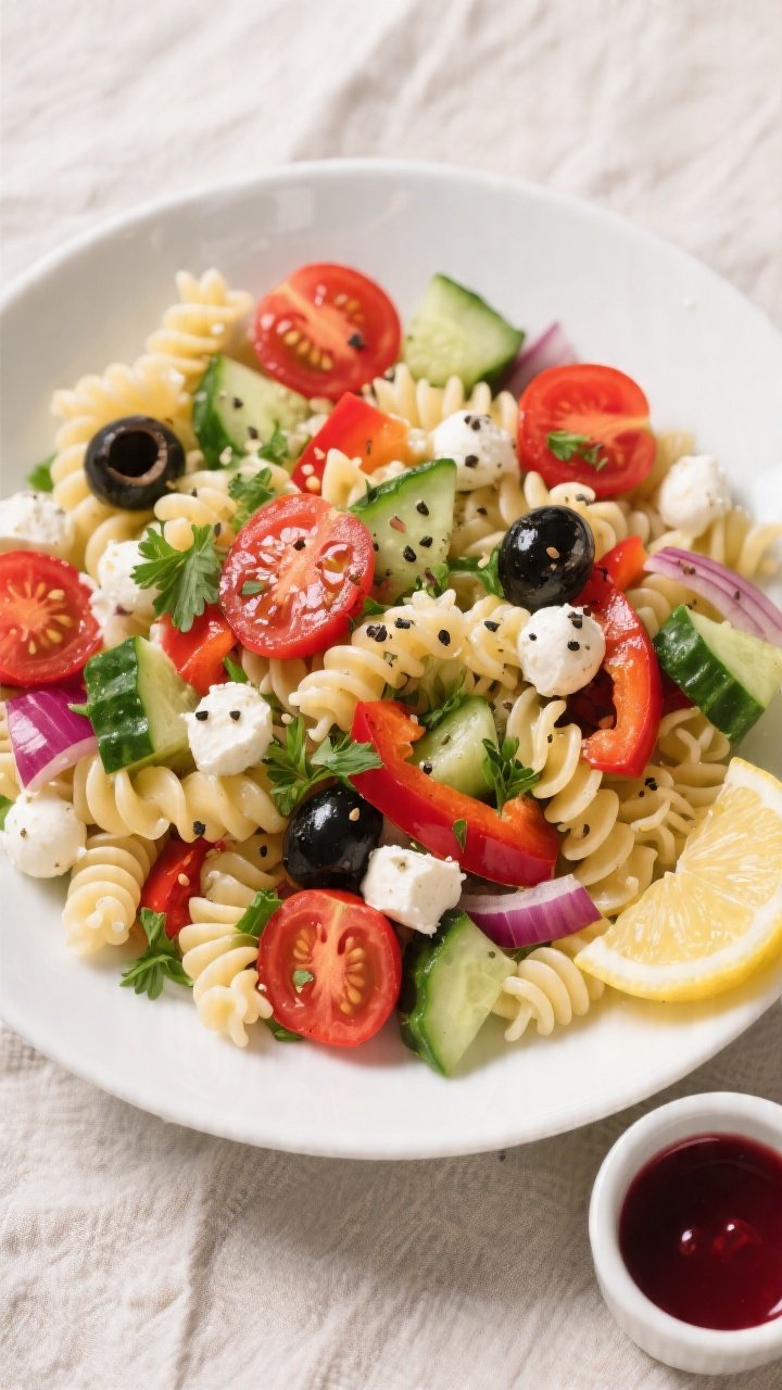 Tasty top view: Overhead shot of the finished classic pasta salad in a wide, shallow white bowl—ro