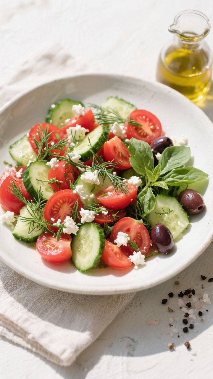 Tasty top view: Overhead shot of the finished Cucumber and Tomato Salad presented in a wide, white c