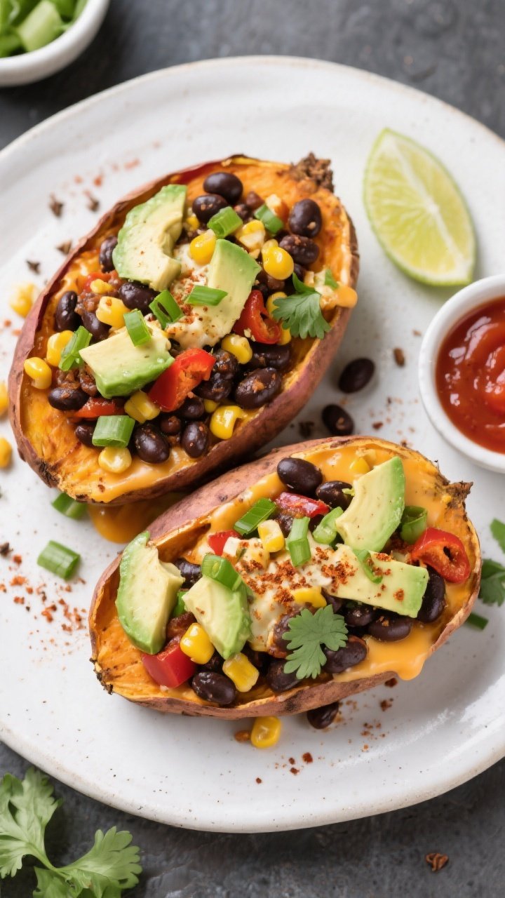 Tasty top view: Southwest loaded sweet potatoes, overhead shot on a matte white plate—halved potat