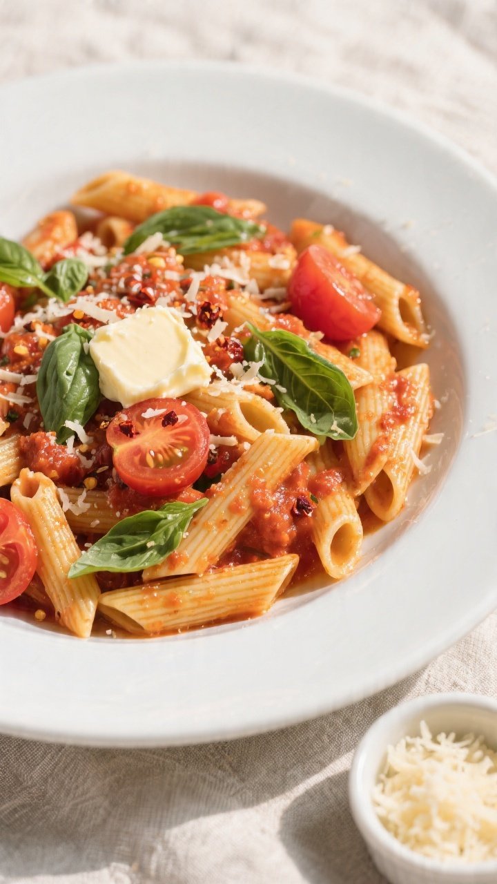 Tasty top view, vibrant tomato-basil version: Overhead shot of penne in a bright crushed-tomato sauc