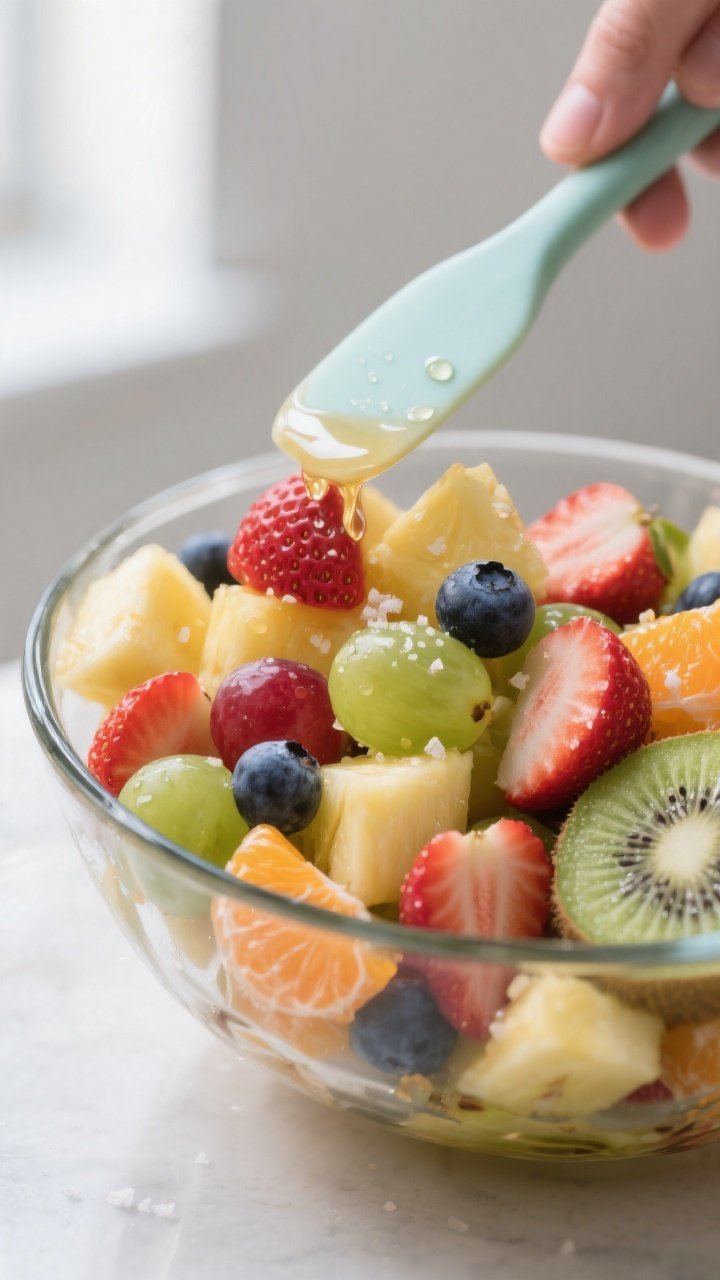 Close-up detail: A glossy bowl of prepared fruit salad being gently folded with a silicone spatula, 