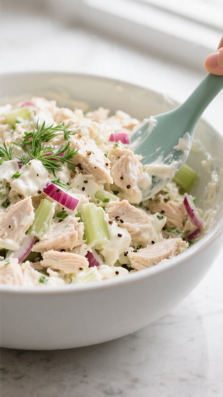 Close-up detail: Glistening mound of chilled chicken salad being gently folded with a silicone spatu
