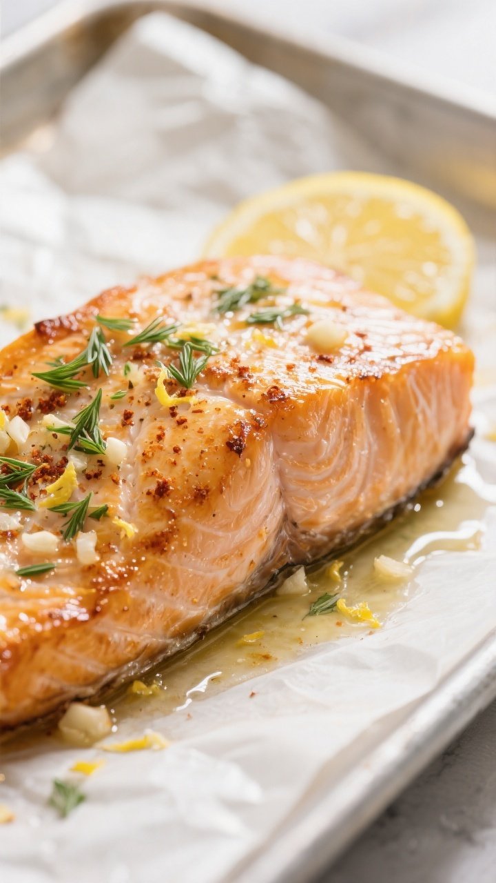 Close-up detail: Golden-roasted salmon fillet fresh from the oven, skin-side down on parchment-lined
