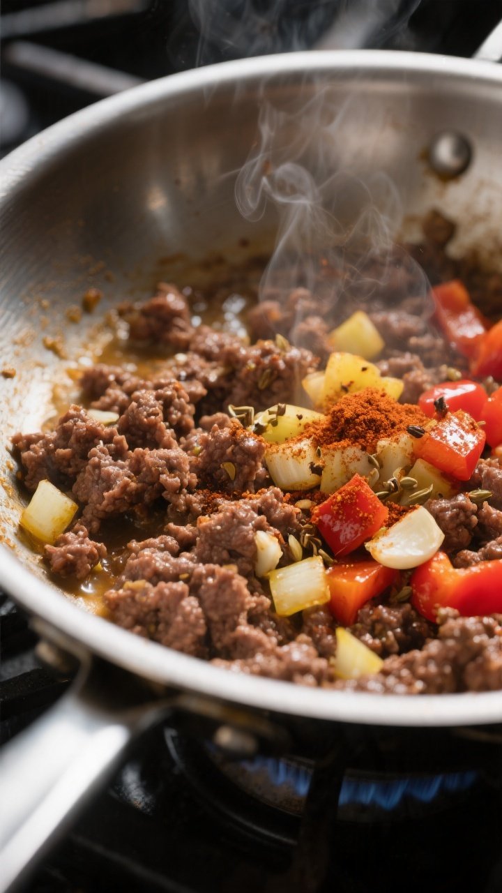 Cooking process close-up: Ground beef sizzling in a wide stainless-steel skillet at medium-high heat