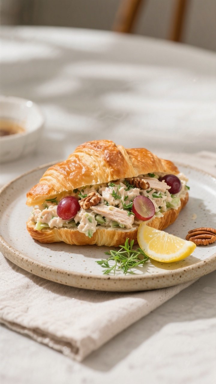Final dish presentation: Elegant chicken salad croissant sandwich on a stoneware plate—generous sc