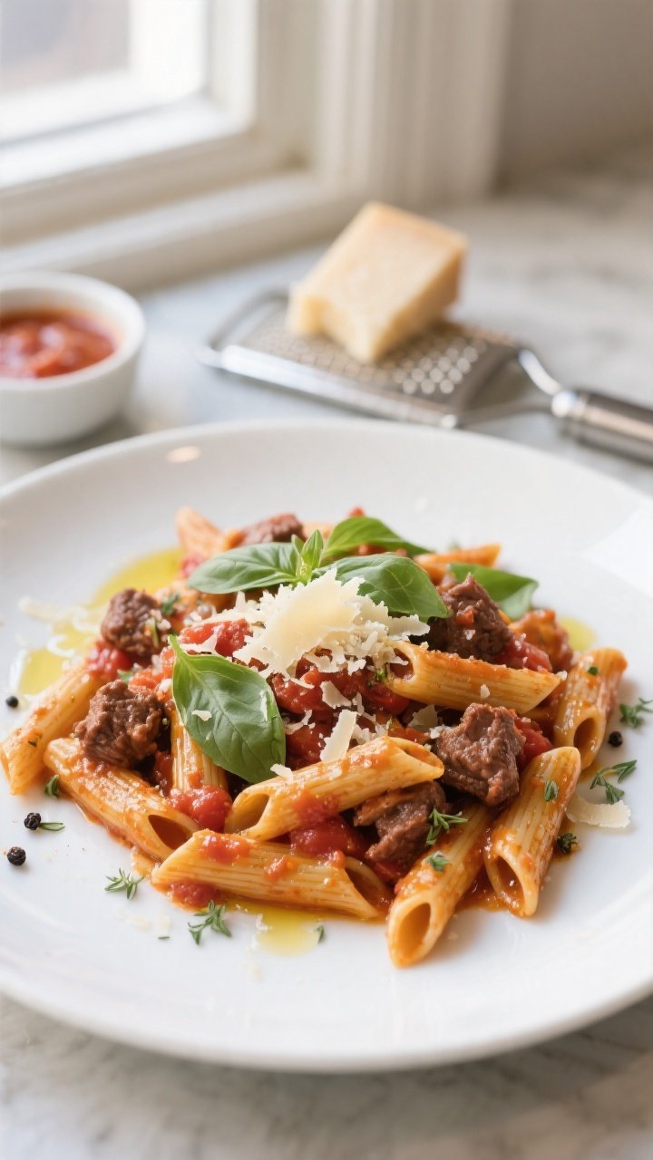 Final dish presentation: Italian-inspired variation plated with al dente penne tossed in the beef-to