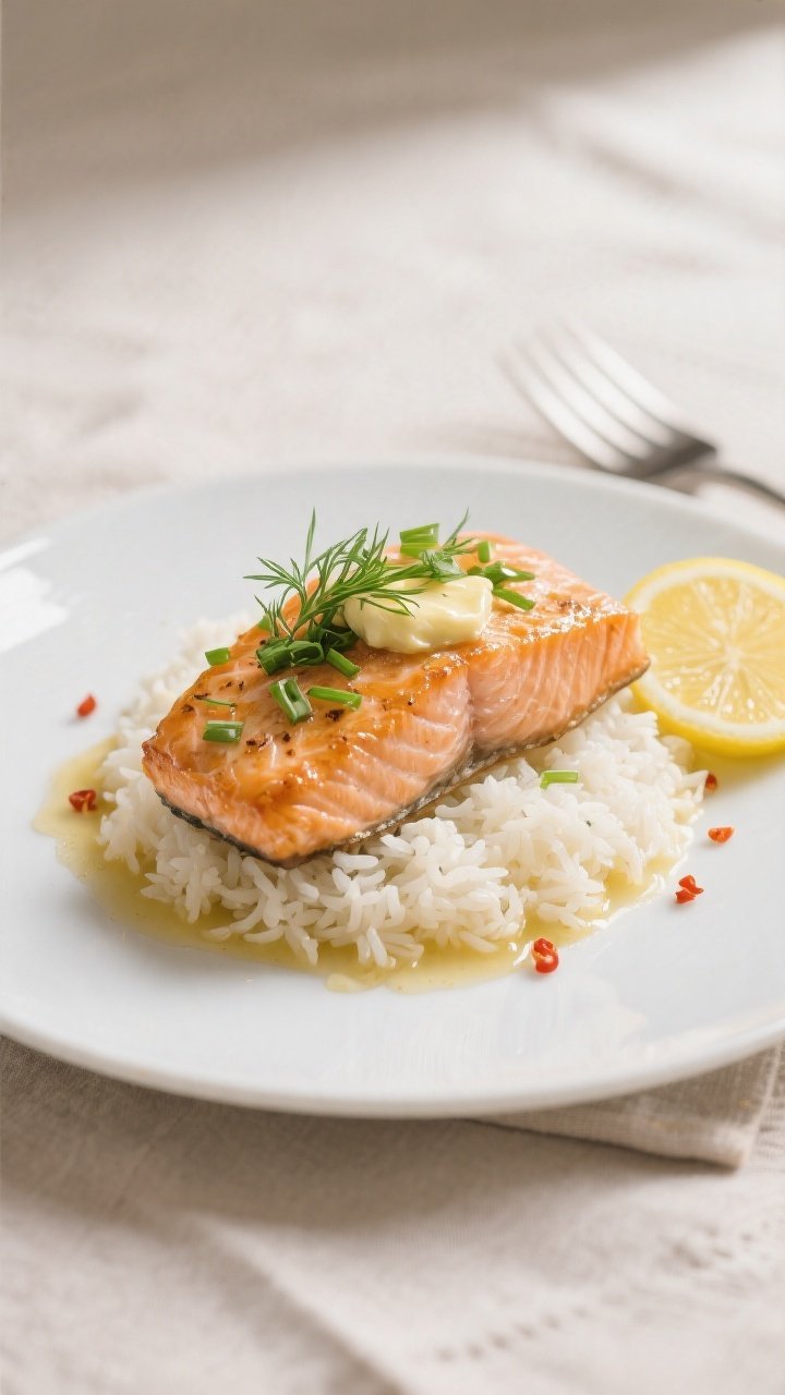 Final dish presentation: Restaurant-quality plated salmon with lemon-garlic butter, set on a matte w