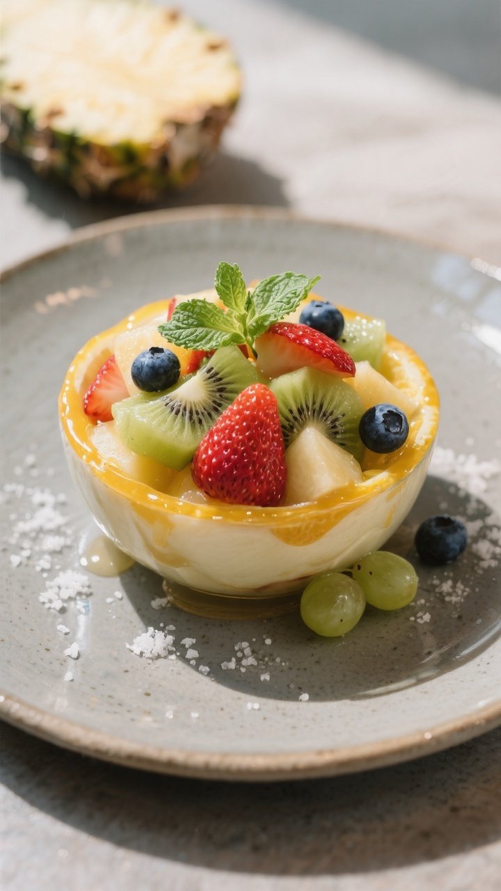 Final plated elegance: Individual dessert bowl of chilled fruit salad, neatly composed with sturdy f