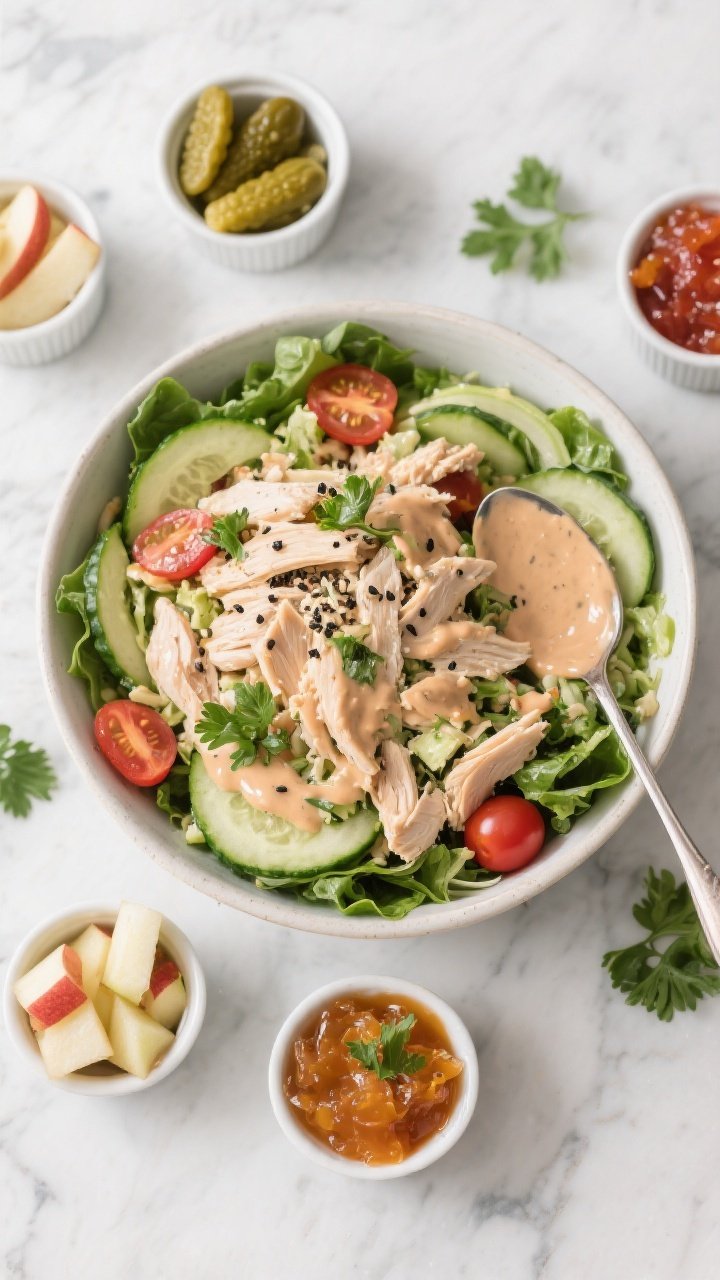 Tasty top view: Overhead shot of a meal-prep spread—bowl of chicken salad over leafy greens with c