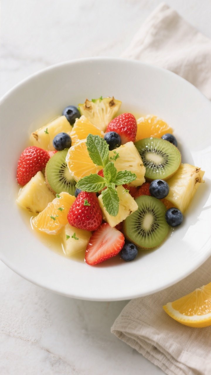 Tasty top view: Overhead shot of the finished fruit salad in a wide, shallow white serving bowl, eve