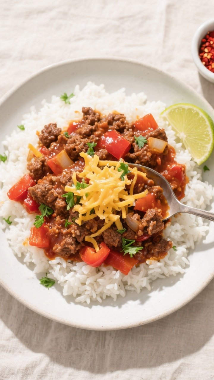 Tasty top view: Overhead shot of the finished saucy ground beef spooned over fluffy white rice in a 