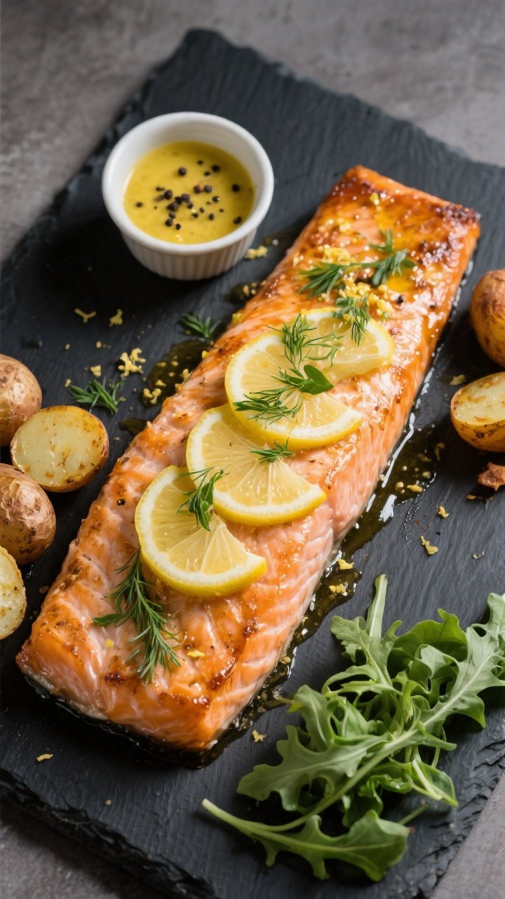 Tasty top view (overhead): Whole side of roasted salmon on a dark slate board, evenly brushed with l
